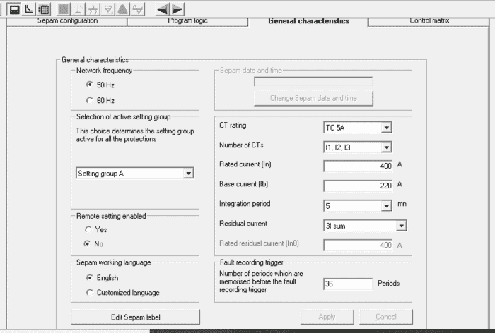 Écran des caractéristiques générales.