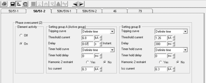 Ecran de configuration du défaut court-circuit phase.