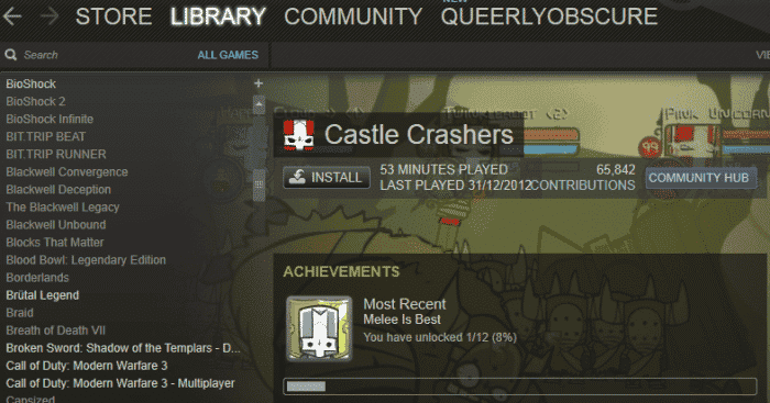 Voici à quoi ressemble la page d'un jeu désinstallé.  De plus, comme j'ai déjà joué à ce jeu, vous pouvez voir mon temps de jeu.