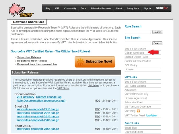 Un code Oinkmaster est requis pour télécharger les règles de Snort.org.
