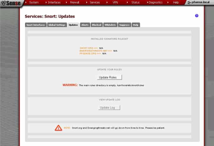 Les règles doivent être téléchargées manuellement la première fois que Snort est configuré.