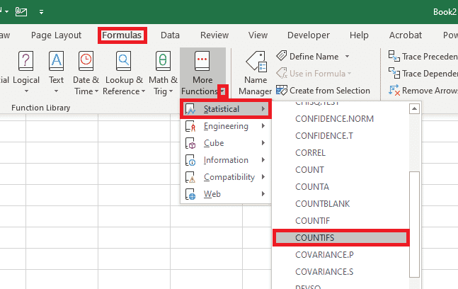 Pour insérer la fonction COUNTIFS à partir de l'onglet de formule, vous devez d'abord accéder à : Formulas→More Functions→Statistical→COUNTIFS