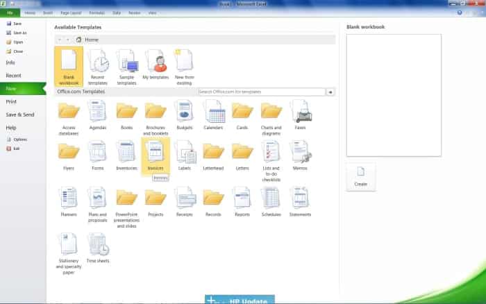 Sélectionnez la catégorie du type de modèle que vous souhaitez utiliser - dans ce cas, sélectionnez Facture.