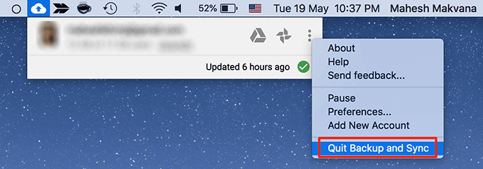 Quittez la sauvegarde et la synchronisation dans le menu à trois points