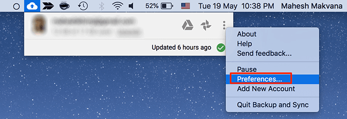 Préférences dans le menu à trois points