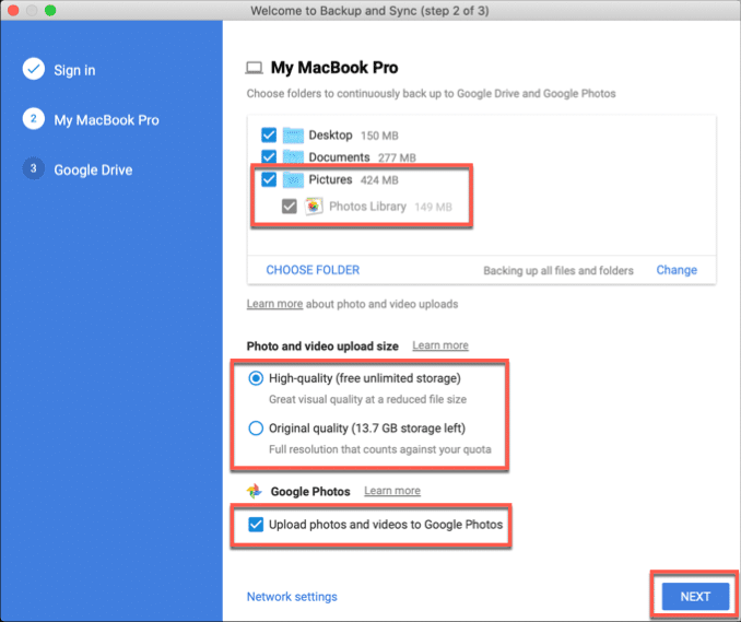 Dossier Images et autres options dans la fenêtre Sauvegarde et synchronisation