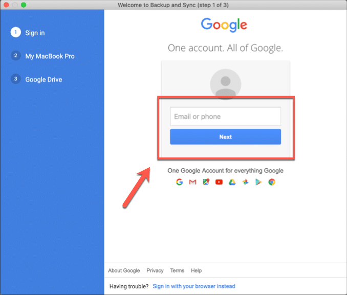 Fenêtre de connexion Google